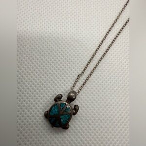 Vintage Navajo Frank Yellowhorse Sterling Silver Turquoise Inlay Turtle pendant
